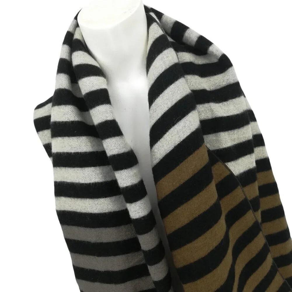 Free People Kellen Striped Scarf Wrap Oversized Fringe Brown Blue Gray Black